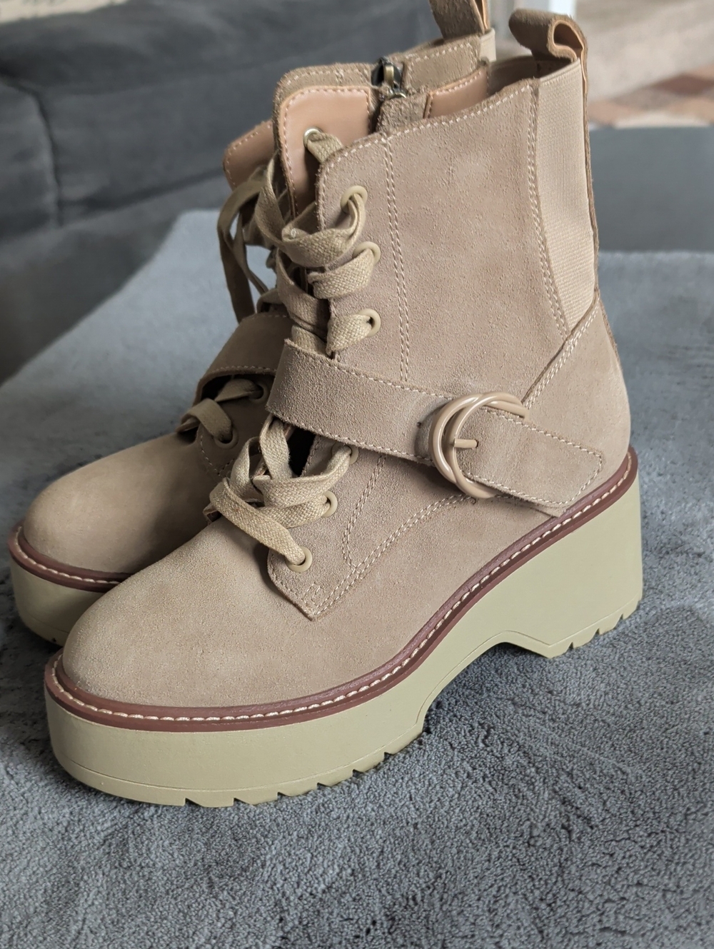 Women’s Taupe Suede Lace-Up Platform Ankle Boots with Buckle
